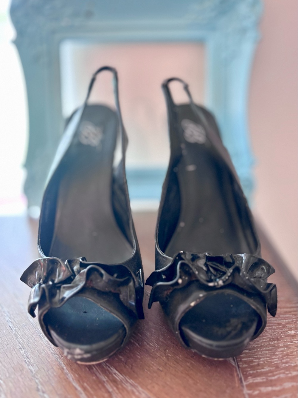 Black Peep-Toe Slingback Heels with Ruffle Detail